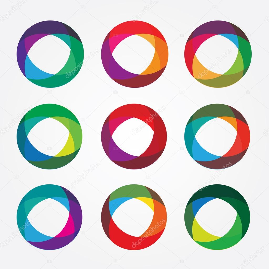 Set collection of trendy multicolored overlapping transparent circle shaped logo design elements