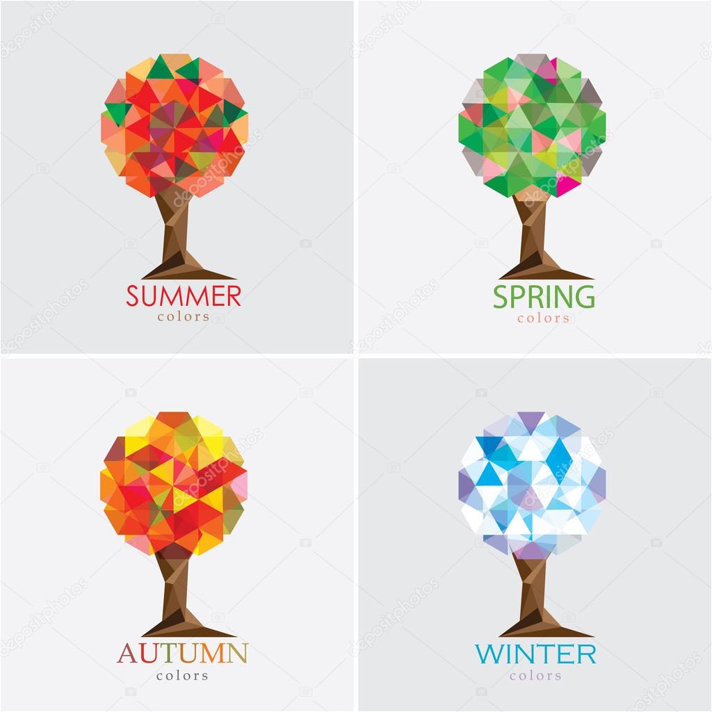 Four seasons trees vector illustration- modern polygonal low poly style- set collection