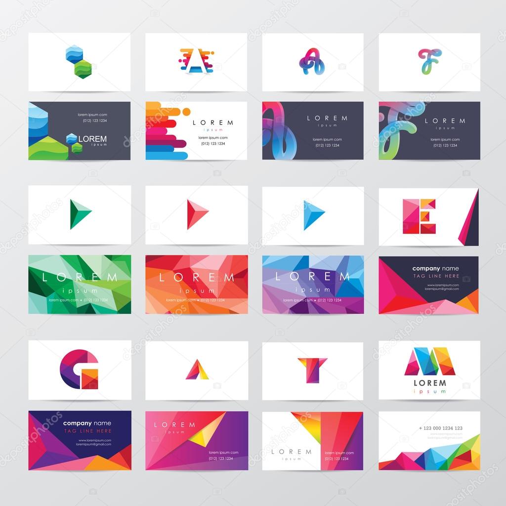 Large collection of colorful business card template designs with logo icons for business visual identity