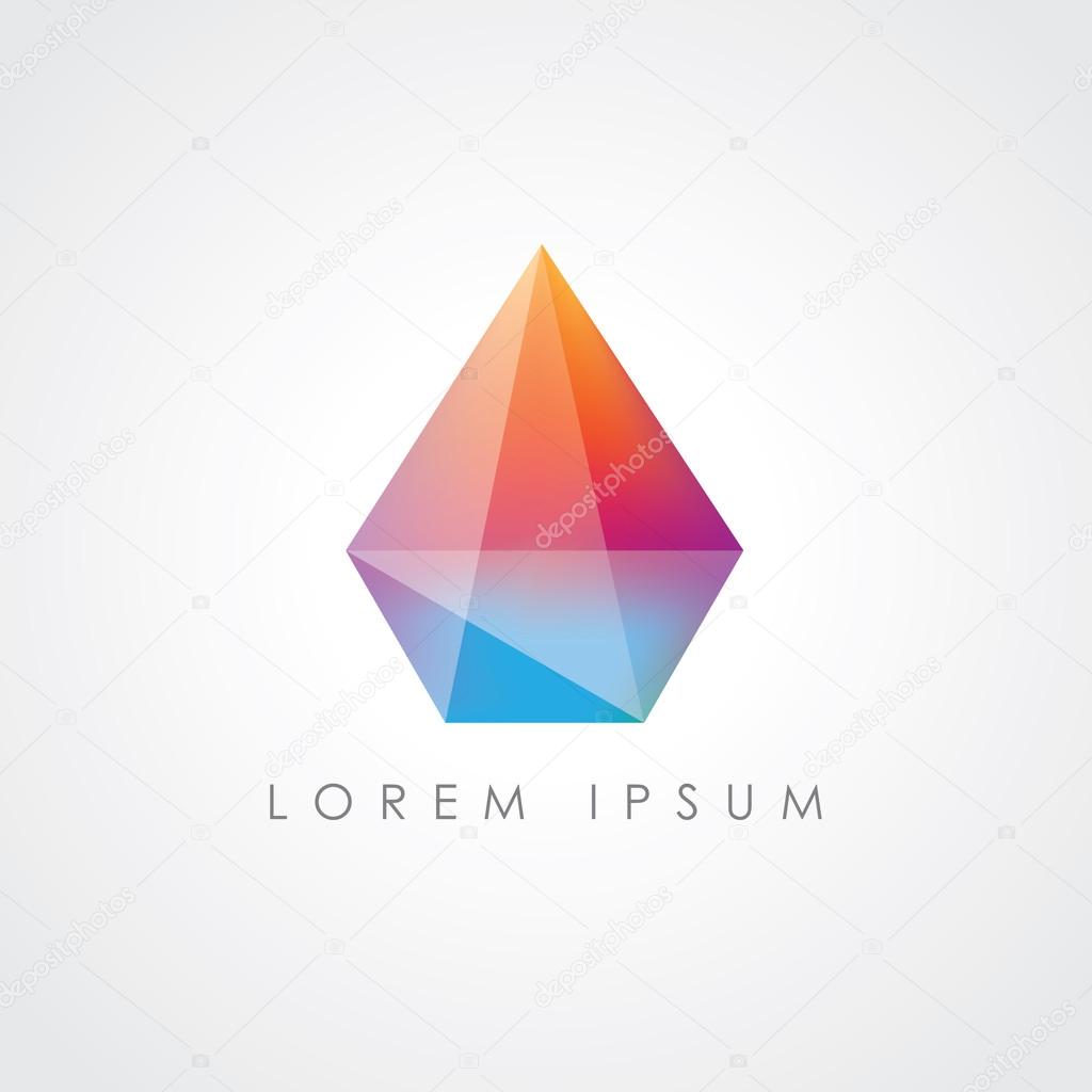 Multicolored bright facet crystal gem logo element isolated on light background- geometric abstract shape