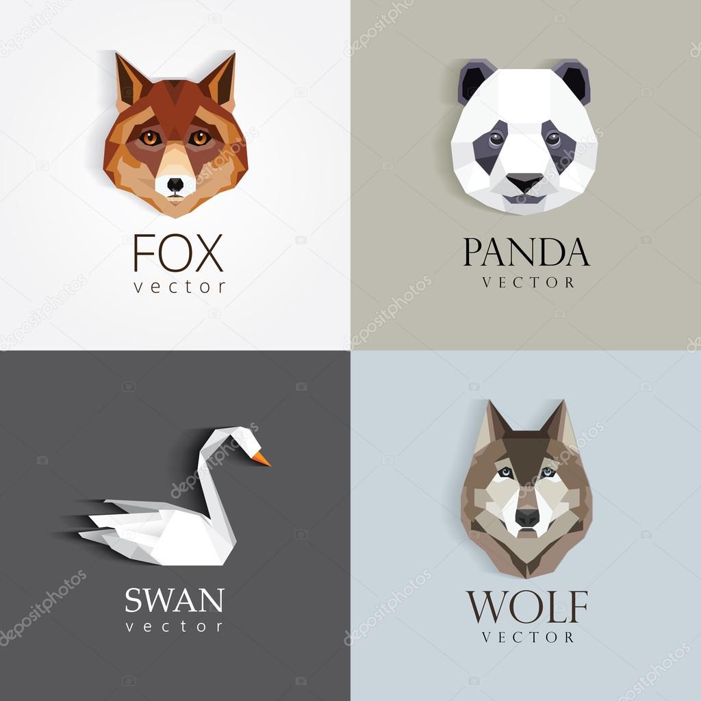 Trendy low polygon style animal logos for business visual identity -swan, fox, panda bear and wolf- modern geometric triangular style