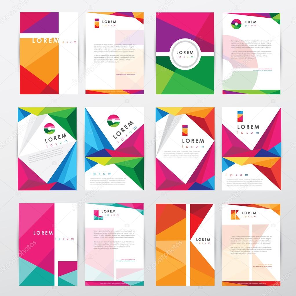 Big set collection of trendy geometric triangular design style letterhead and brochure cover template mockups for business visual identity