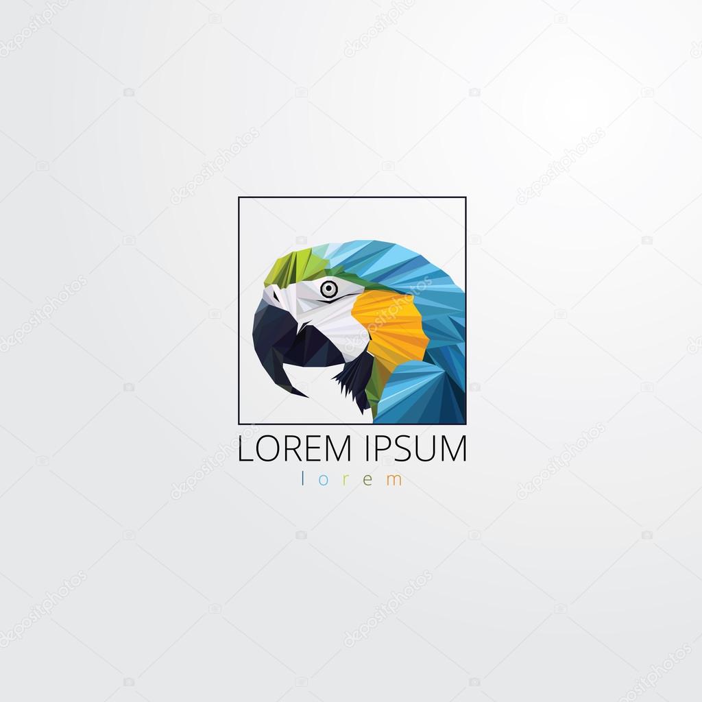 Colorful macaw parrots head logo element for business visual identity in low polygon style