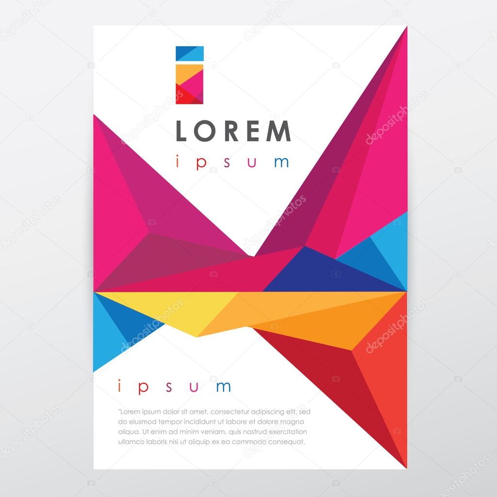 Vector flyer design template, letterhead with colorful low poly art style details and company logo