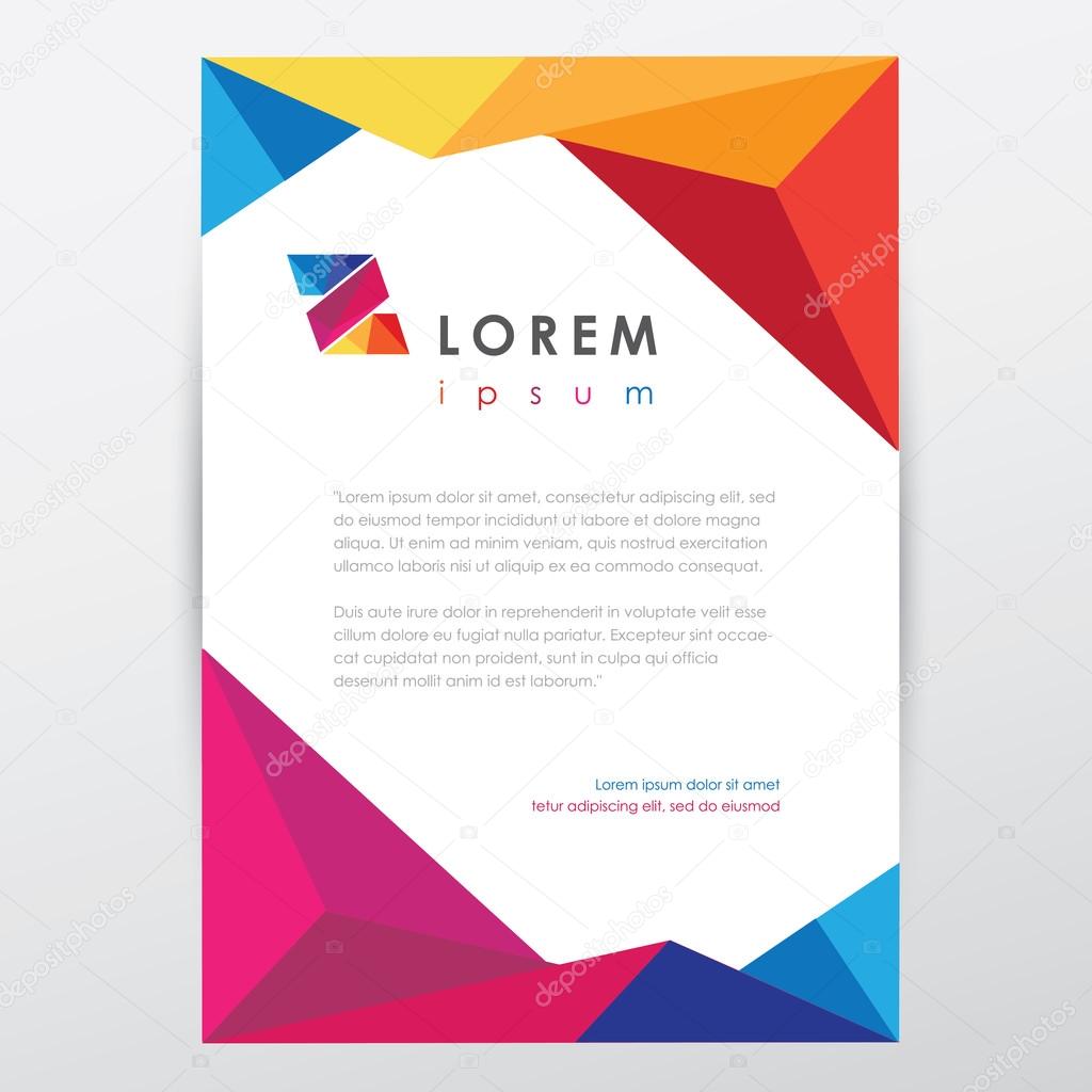 Vector flyer design template, letterhead with colorful low poly art style details and company logo