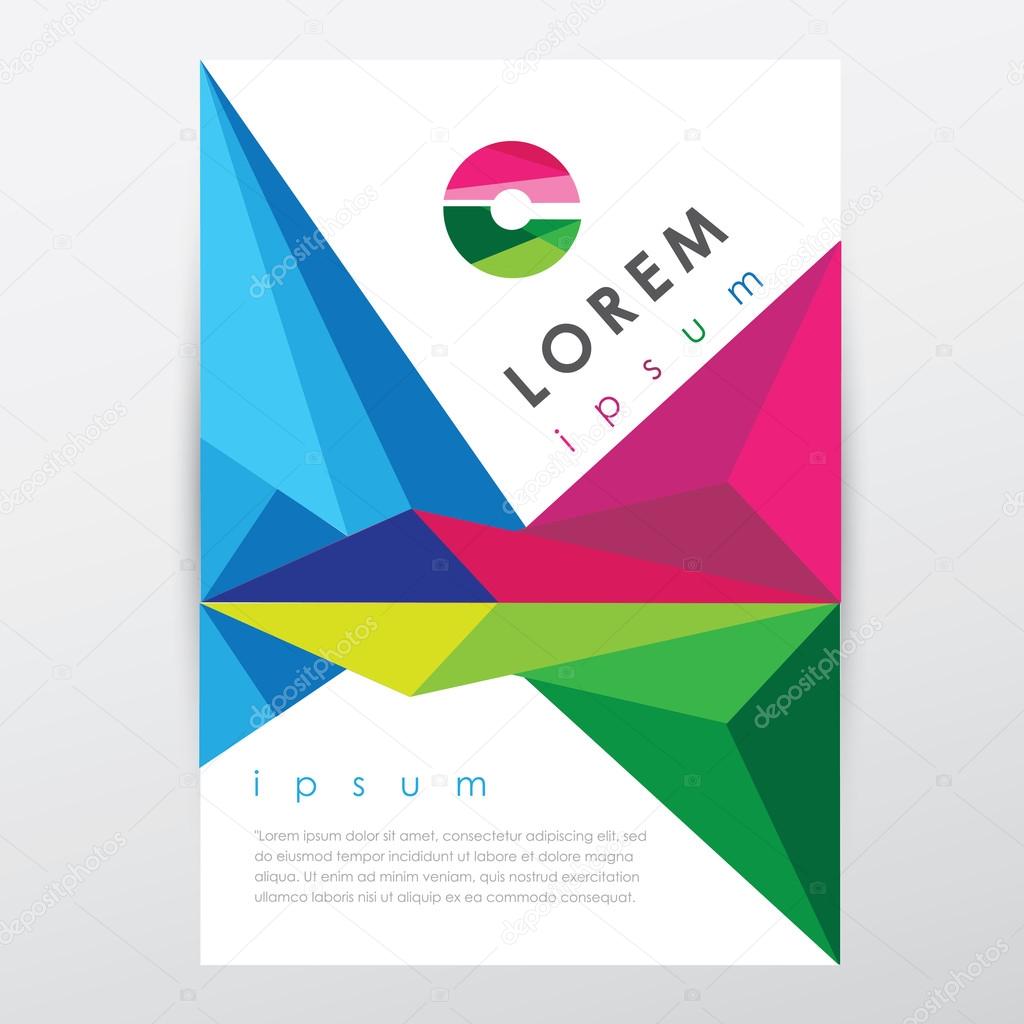Vector flyer design template, letterhead with colorful low poly art style details and company logo