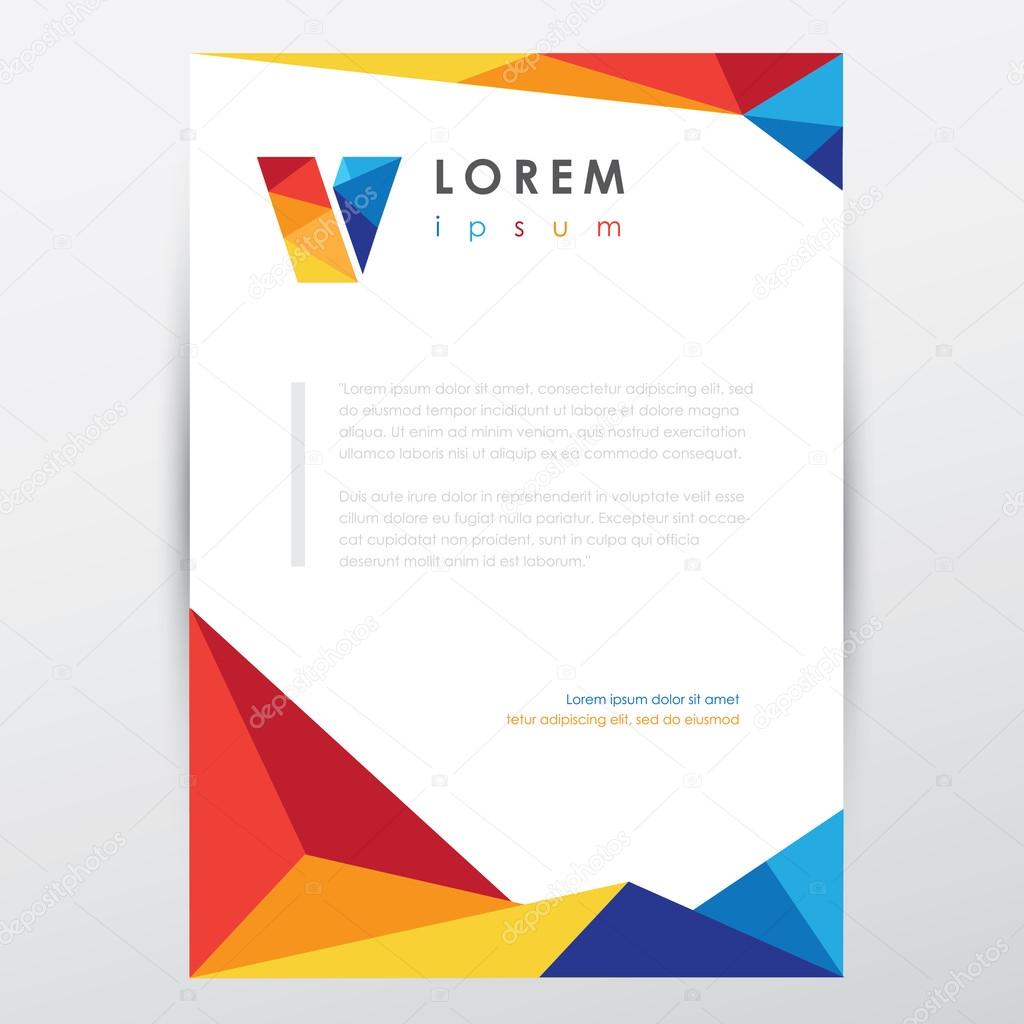 Vector flyer design template, letterhead with colorful low poly art style details and company logo