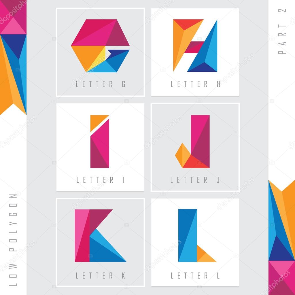 Geometric triangular low polygon alphabet letters g, h, i, j, k and l. Colorful abstract logo elements