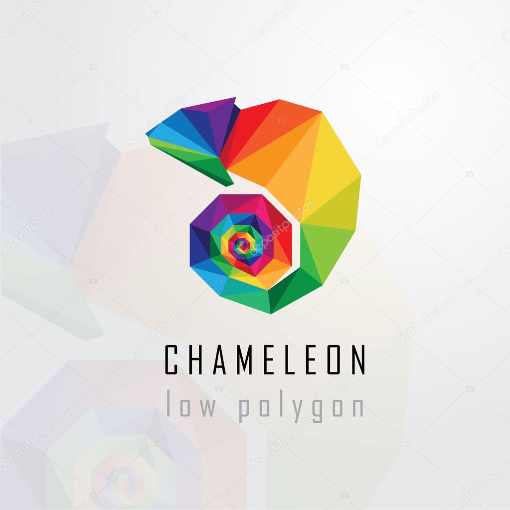 Low polygon style abstract multicolored chameleon logo element. Geometric triangular lizard design element