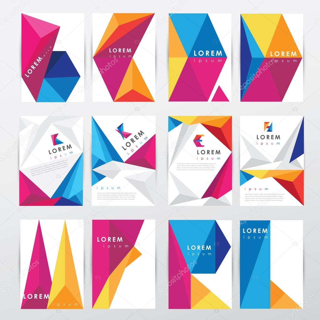 Big set collection of trendy geometric triangular design style brochure cover template mockups for business visual identity with letter logo elements