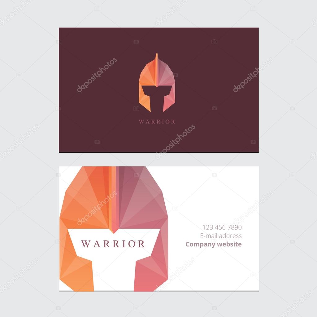 Corporate business card template mockup with ancient warrior helmet logo design in low polygon style