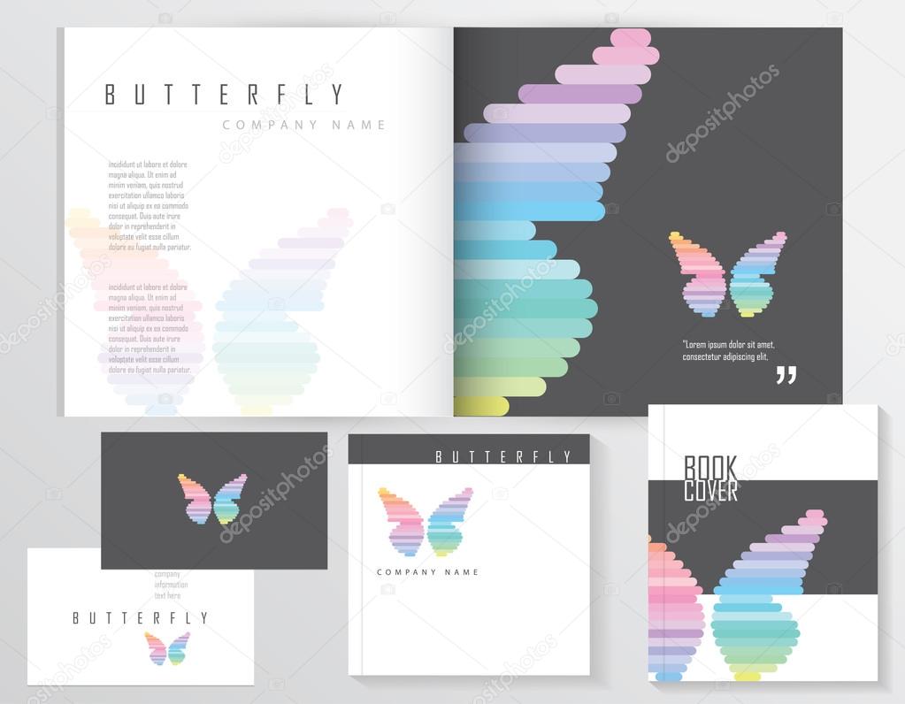Contemporary modern minimalistic corporate identity stationery set with abstract multicolored butterfly logo element