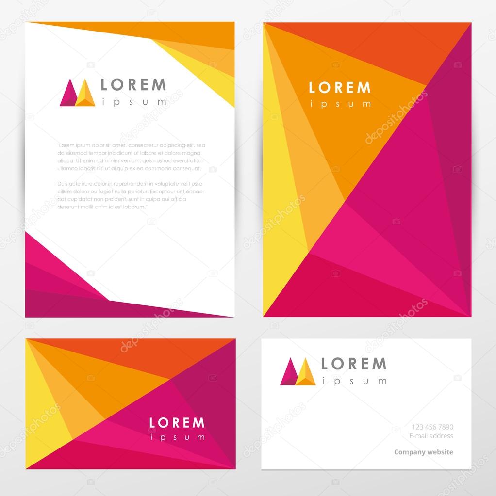 Multicolored corporate identity letterhead and business card mockup templates with abstract geometric pattern design and polygon logo element