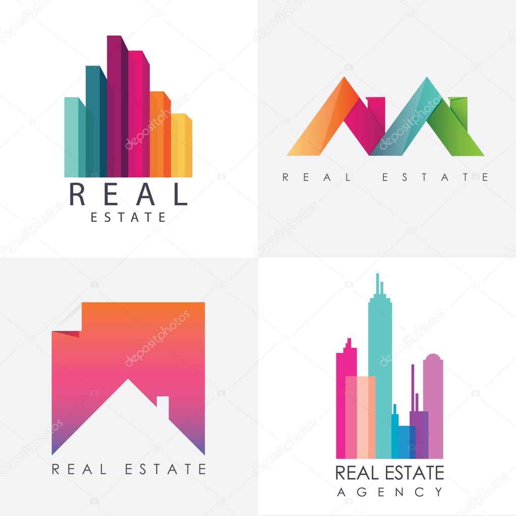 Set of colorful multicolored real estate logo designs for business visual identity. Houses and skyscrapers theme