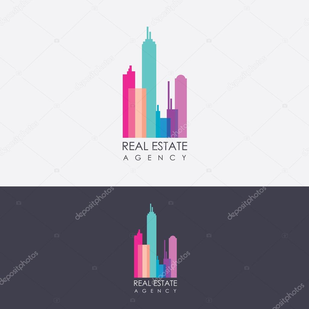 Multicolored creative real estate logo design for business visual identity. Tall colorful skyscrapers vector mark
