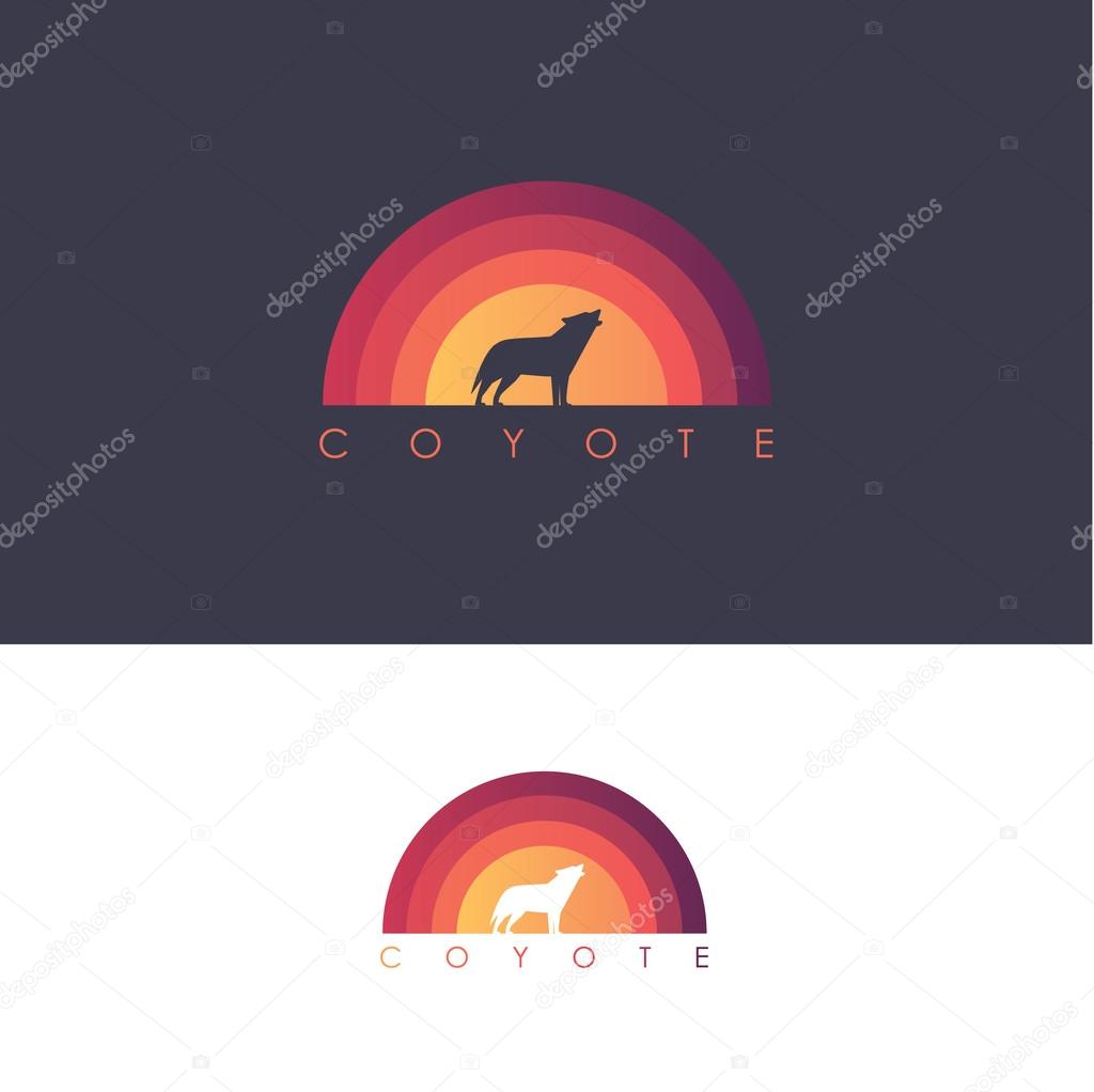 Coyote logo design mark - wolf howling on abstract colorful sunset
