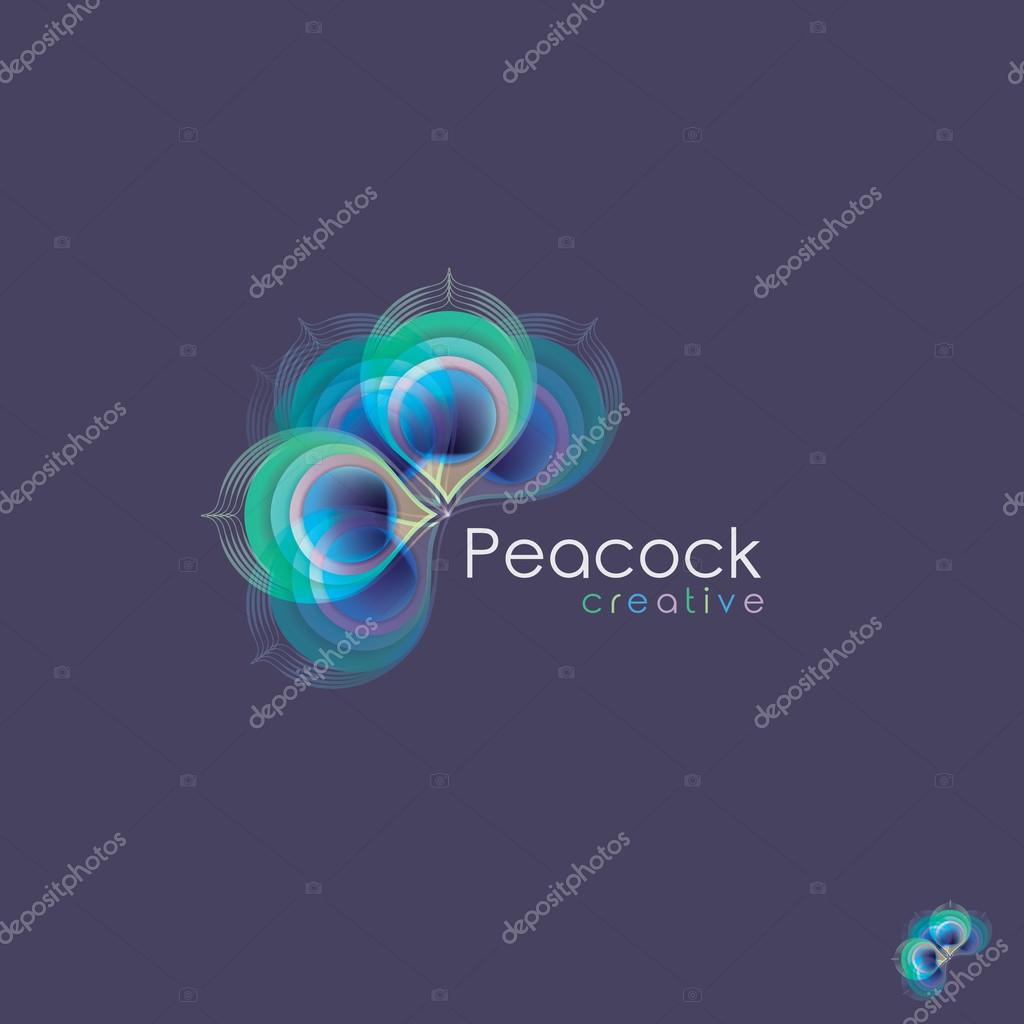 Peacock feathers colorful transparent logo element with multiple overlay effect