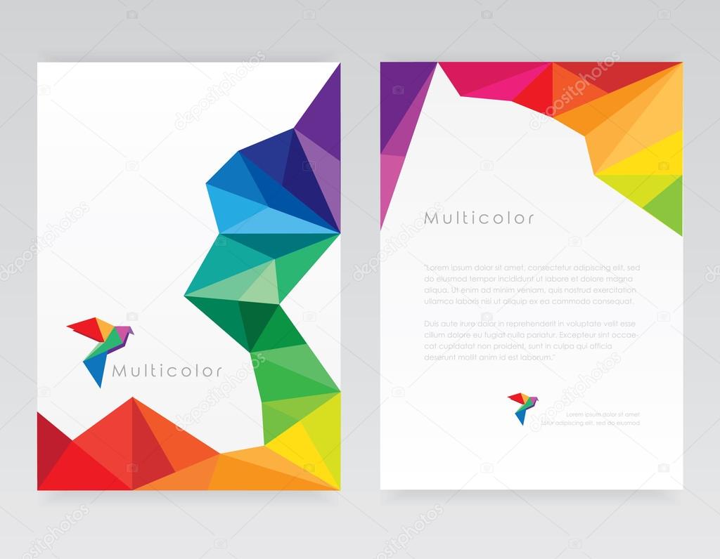 Creative abstract geometric multicolored letterhead template mockups with bird logo element in low poly style