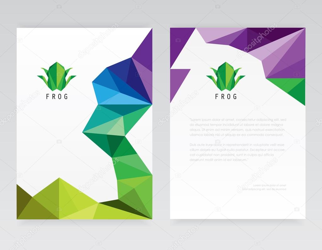 Abstract multicolored low poly style brochure and letterhead template mockups with triangular frog logo design elements for corporate identity