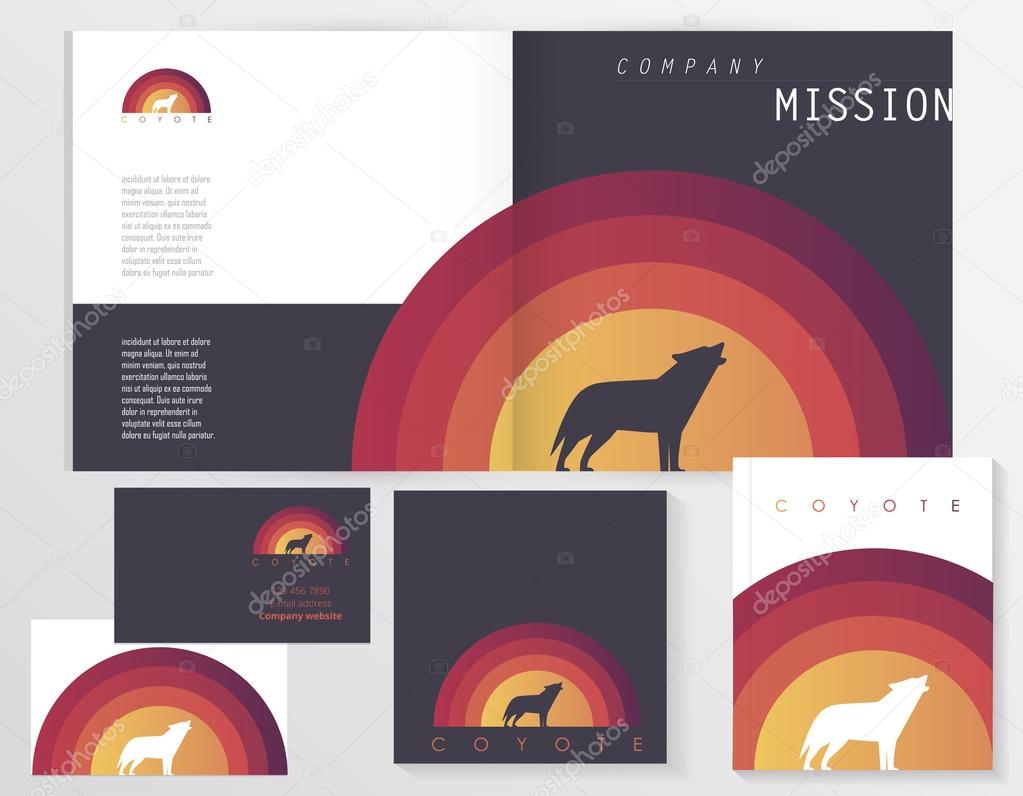 Corporate identity stationery set with coyote howling at the sunrise logo element