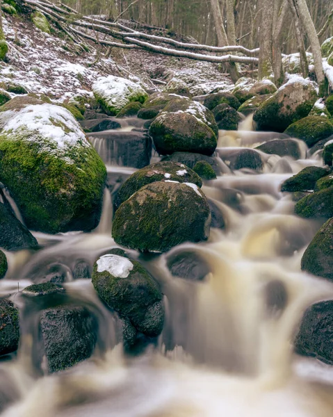 In Akmenupte waterfall, water falls between rocks overgrown with green moss. The largest stones are covered with a thin layer of snow. The flow of water between the stones is gently blurred due to the long exposure