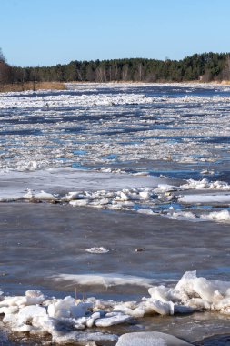 Nehrin tüm genişliği buz kütleleri ve denize akan buz vadileriyle doludur. Buz parçasında bir delik açılacak.