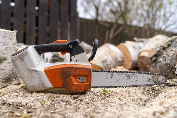 the arborist's chainsaw is located on the ground covered with shavings. Cordless top handle chainsaw with blurred fresh sawn birch logs visible in the background