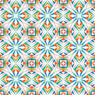 Geometrik dikişsiz desen, soyut renkli arkaplan, küçük şekilli moda baskısı, tekstil, kumaş, duvar kağıdı, ambalaj kağıdı için vektör dokusu.
