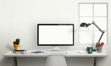 Mockup için yalıtılmış bilgisayar ekranı. Pencere, lamba, bitki, klavye, fare, kalem, masa üzerinde kitap ile Ofis iç.