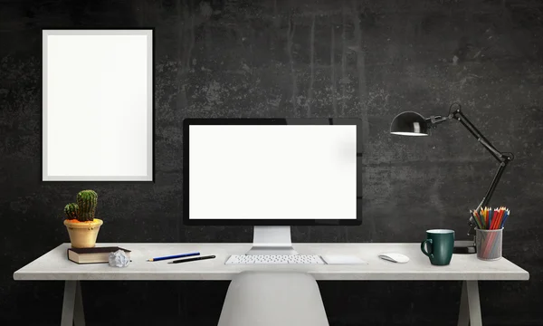 Pantalla de computadora aislada para maqueta. Interior de la oficina con marco de póster aislado, lámpara, planta, teclado, ratón, lápices, libro en el escritorio . — Foto de Stock