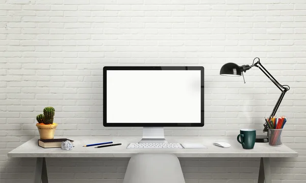 Mockup için yalıtılmış bilgisayar ekranı. Pencere, lamba, bitki, klavye, fare, kalem, masa üzerinde kitap ile Ofis iç.