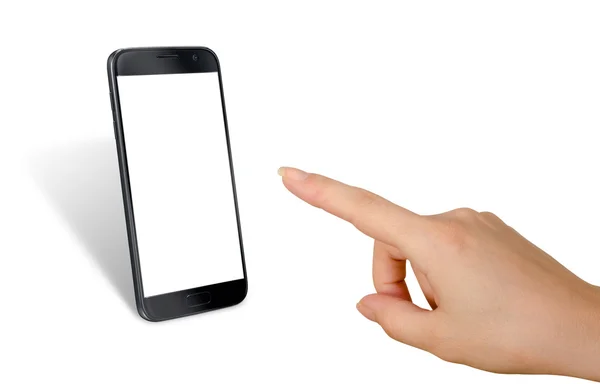 Bir kadın, izole edilmiş siyah akıllı telefon ekranına dokunuyor. Model için beyaz ekran. — Stok fotoğraf