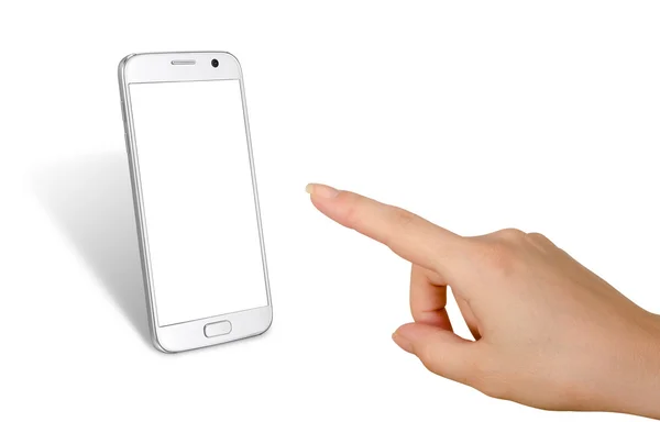 มือผู้หญิงสัมผัสจอแสดงผลของสมาร์ทโฟนสีขาวแยก หน้าจอสีขาวสําหรับ mockup . — ภาพถ่ายสต็อก