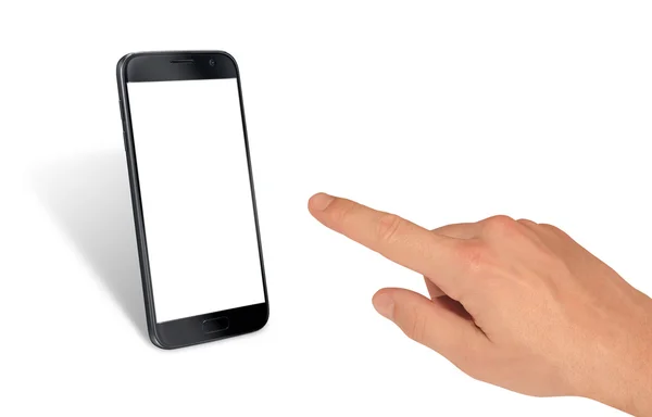 Siyah izole akıllı telefon adam el dokunmadan ekran. Mockup için beyaz ekran. — Stok fotoğraf