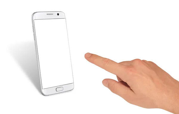 Człowiek ręka Dotykanie wystawa od biały wyizolowany silny telefon. Biały ekran do wizualizacji. — Zdjęcie stockowe