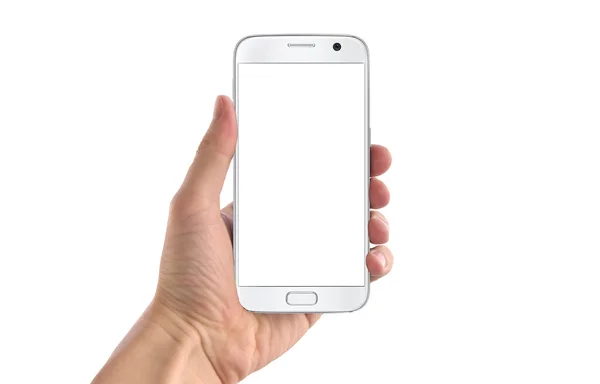 Moderní černý chytrý telefon v rukou člověka. Bílá obrazovka pro výsměch, izolovaný. — Stock fotografie