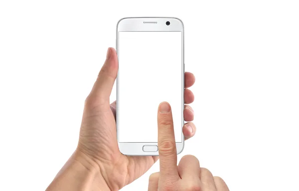 Nowoczesny czarny inteligentny telefon w ręku człowieka. Biały ekran do makiety, izolowany. — Zdjęcie stockowe