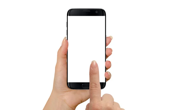 Nowoczesny czarny inteligentny telefon w ręce kobiety. Biały ekran do makiety, izolowany. — Zdjęcie stockowe