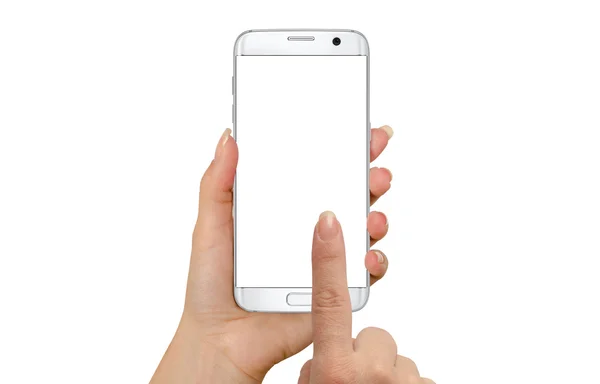 Nowoczesny biały inteligentny telefon w ręce kobiety. Biały ekran do makiety, izolowany. — Zdjęcie stockowe