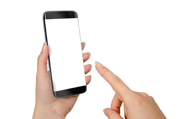 Donna mano display toccante di nero isolato smartphone. Schermo bianco per mockup . — Foto Stock