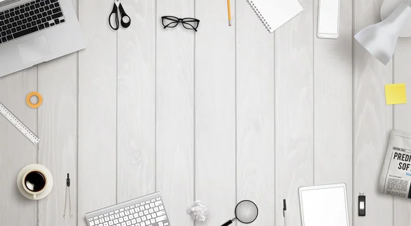 Work desk with free space for text surrounded with a lot of desk accessories. — Stock Photo, Image