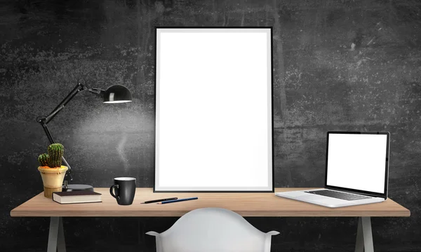 İzole poster çerçevesi ve Ofis Büro mockup için laptop. Lamba, kaktüs, kalem, kitap, kahve masada.