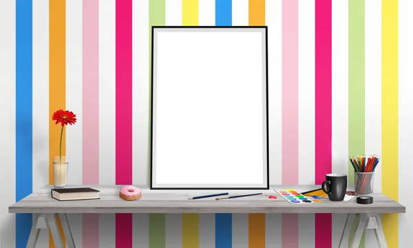 Isolated poster frame on office desk for mockup. Water colors, pencils, glasses, flowers, cup of coffee on table. Colorful wallpaper in background. — Stock Photo, Image