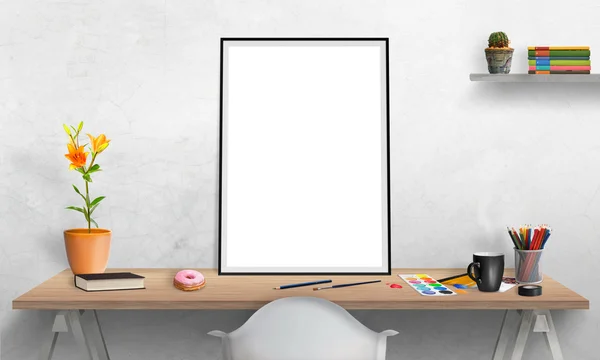 Geïsoleerde posterframe op Bureau voor mockup. Aquarellen, potloden, brillen, bloemen, kopje koffie op tafel. Plank met cactus en boeken op muur. — Stockfoto