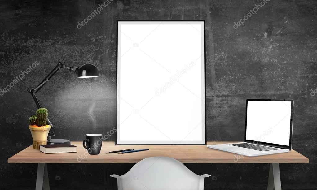 Isolated Poster Frame And Laptop On Office Desk For Mockup Lamp Isolated Poster Frame And Laptop On Office Desk For Mockup Lamp Cactus Pencils