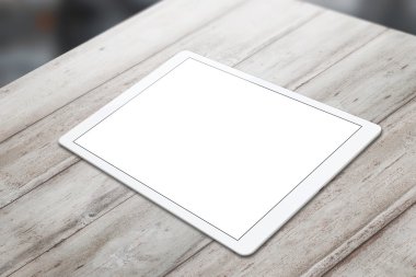 Beyaz ahşap masa ile izole beyaz perde mockup için tablete. Yatay konumu izometrik görünümü. 