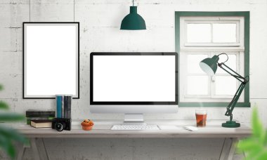 Ofis Masası bilgisayar ekranında. Mockup için izole, beyaz ekran