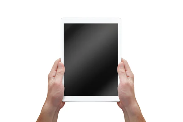 Erkek elinde beyaz ekranlı tablet. Yalıtılmış tablet, dikey konum. — Stok fotoğraf