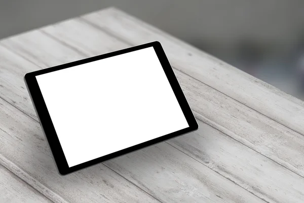 Tablet with white isolated screen on wooden desk. Isometric view — Stok fotoğraf