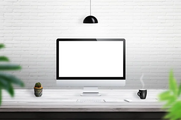 Computer isolated white display for mockup. Computer, plant, coffee, keyboard, mouse on desk — Stock Photo, Image